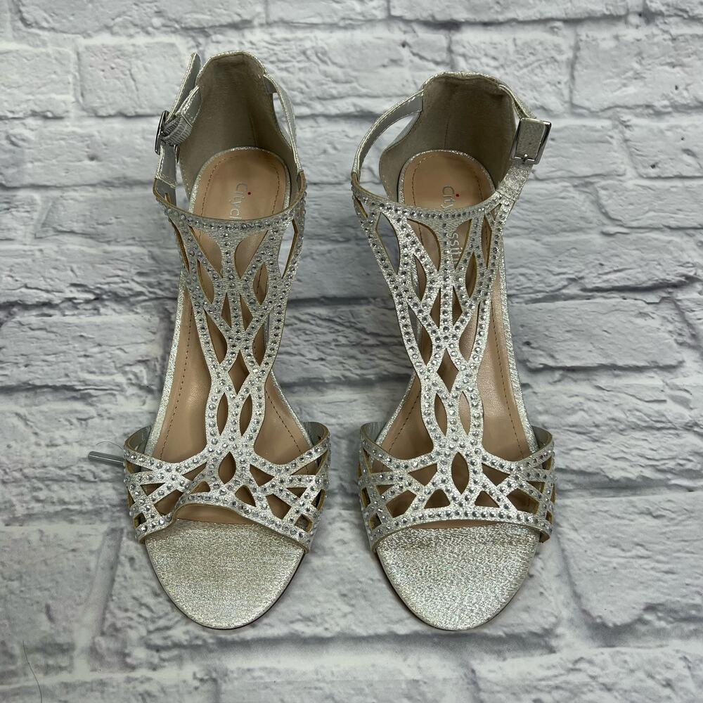 City Classified Womens Maggie Rhinestone Formal Heel Silver Size 9 Ankle Strap - Picture 5 of 8